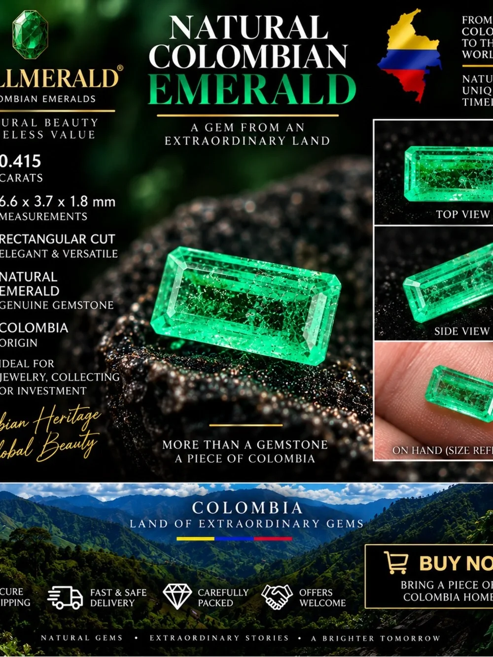 Natural Colombian Emerald 0.415 Ct Rectangular Cut Loose Gemstone 6.6×3.7×1.8mm